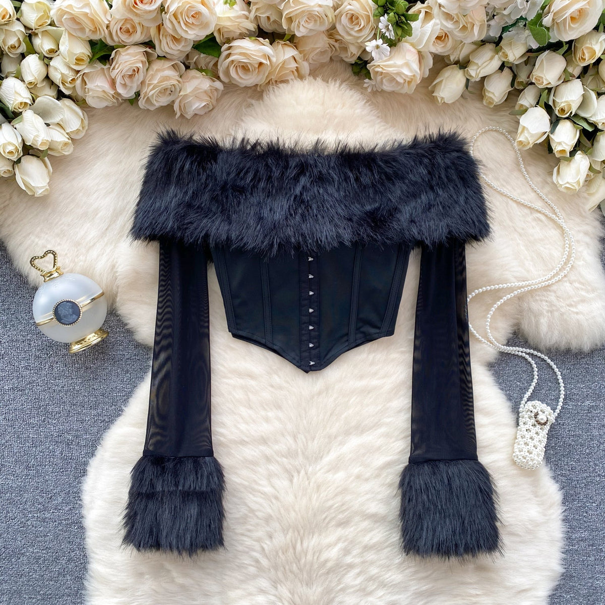 Kabarık Manşet Off-shoulder Siyah Üst