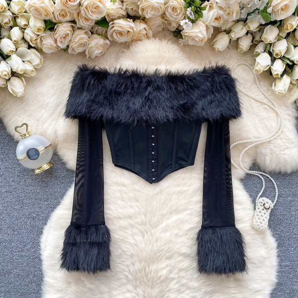 Kabarık Manşet Off-shoulder Siyah Üst