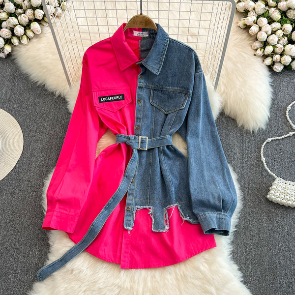 Vintage Çeşitli Renkli Denim Gömlek Bel Lastiği ile