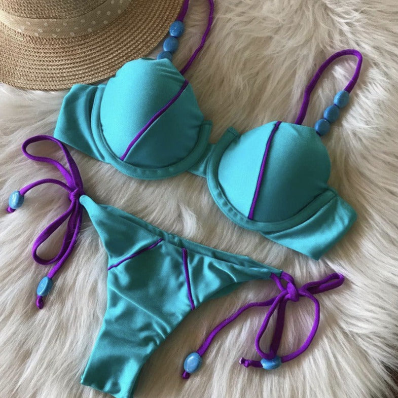 Karışık Renk Basit Tasarım İp Bikini