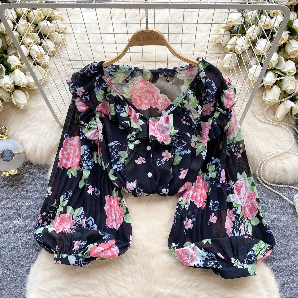 Tatlı Ruffled Şifon Çiçekli Bluz
