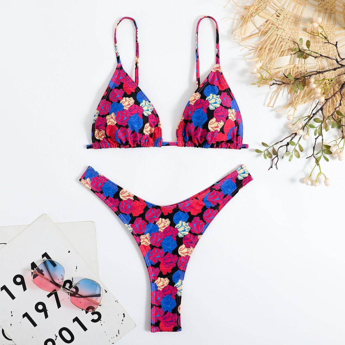 Renkli Çiçek Desenli Halter Bikini