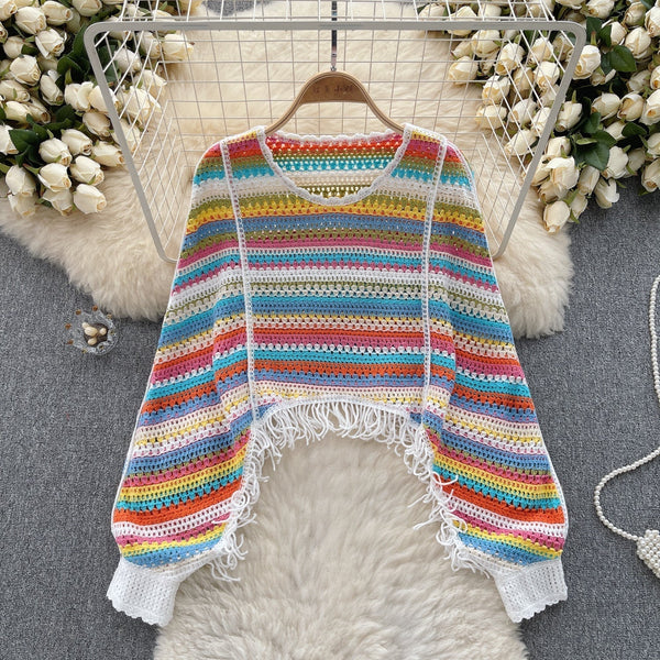 Renkli Çizgili Boşaltılmış Fringed Triko