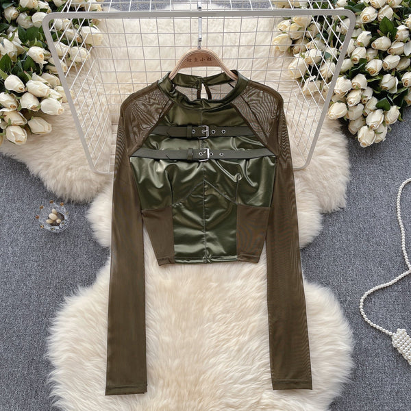 Ağı Mesh Patchwork PU Midriff Açık Üst