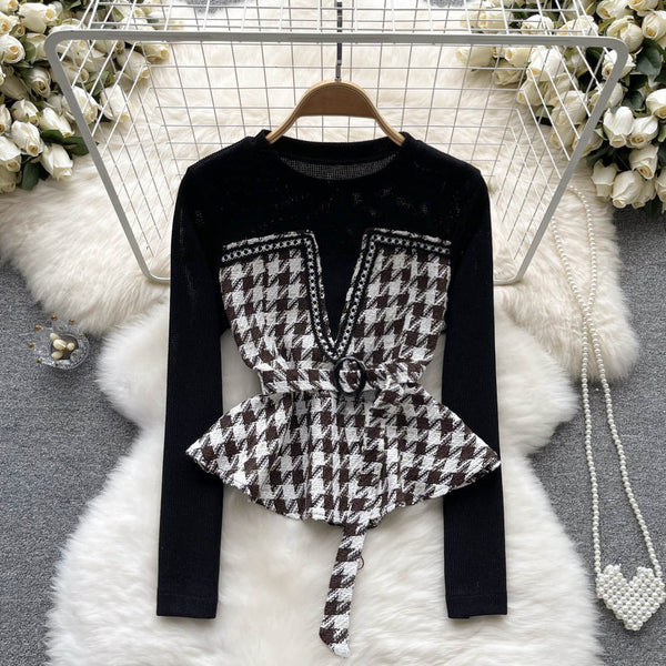 Şık Houndstooth Renk Bloklama Üst