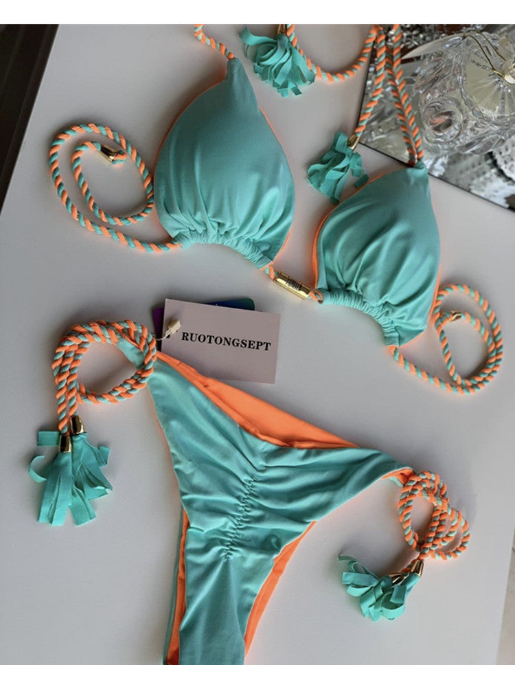 Renkli Sırt Açık Örgü İp Bikini