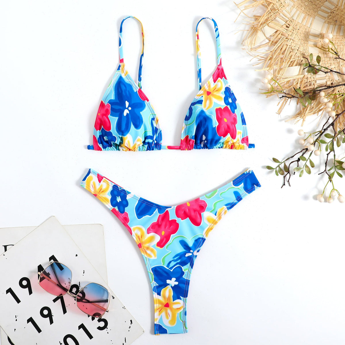 Renkli Çiçek Desenli Halter Bikini