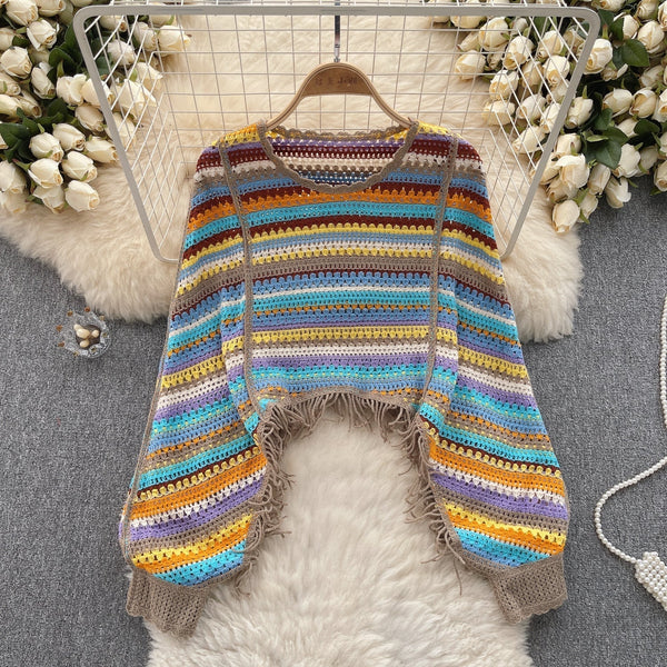 Renkli Çizgili Boşaltılmış Fringed Triko