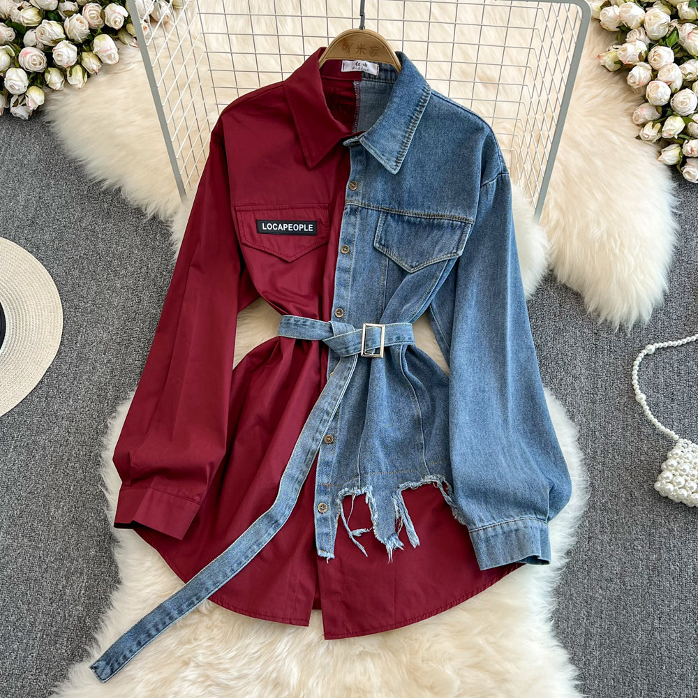 Vintage Çeşitli Renkli Denim Gömlek Bel Lastiği ile