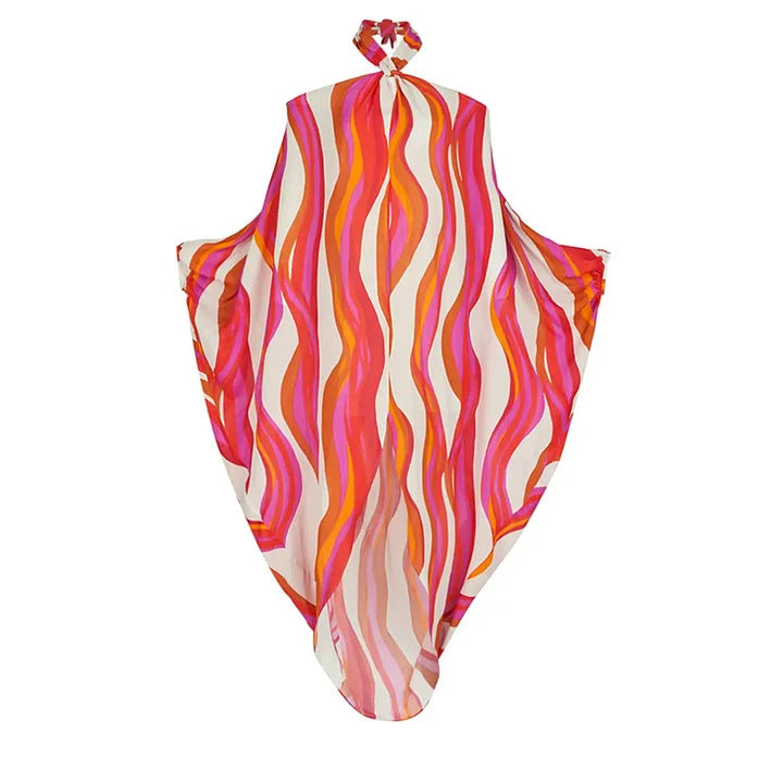V-yaka Halter Mayo&Elbise Baskılı 2 Parça