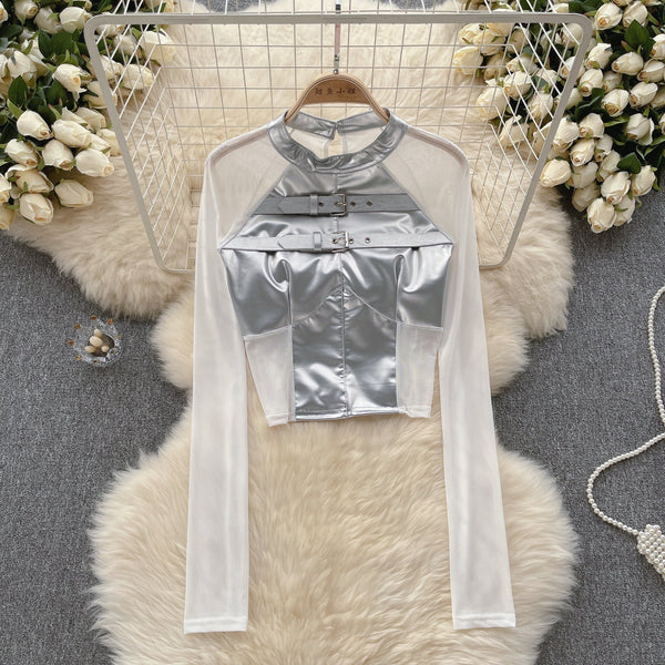 Ağı Mesh Patchwork PU Midriff Açık Üst