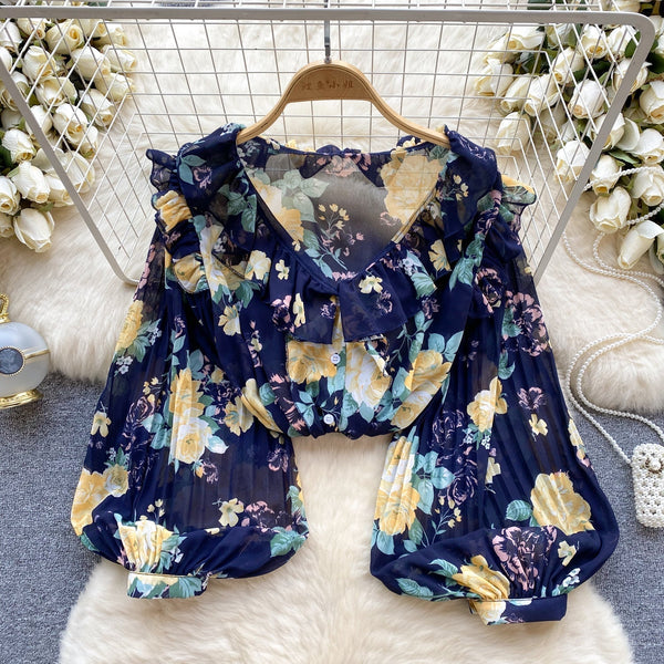 Tatlı Ruffled Şifon Çiçekli Bluz