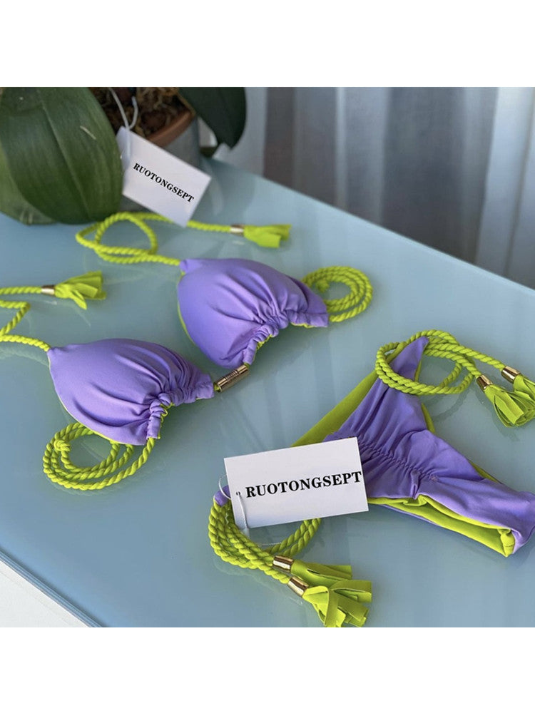 Renkli Sırt Açık Örgü İp Bikini
