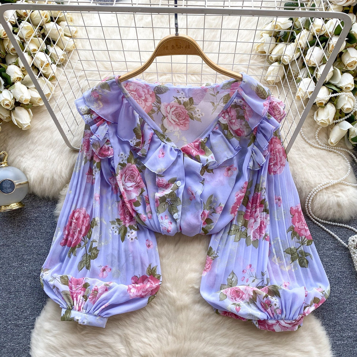 Tatlı Ruffled Şifon Çiçekli Bluz