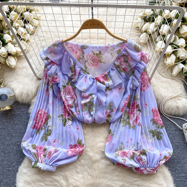 Tatlı Ruffled Şifon Çiçekli Bluz