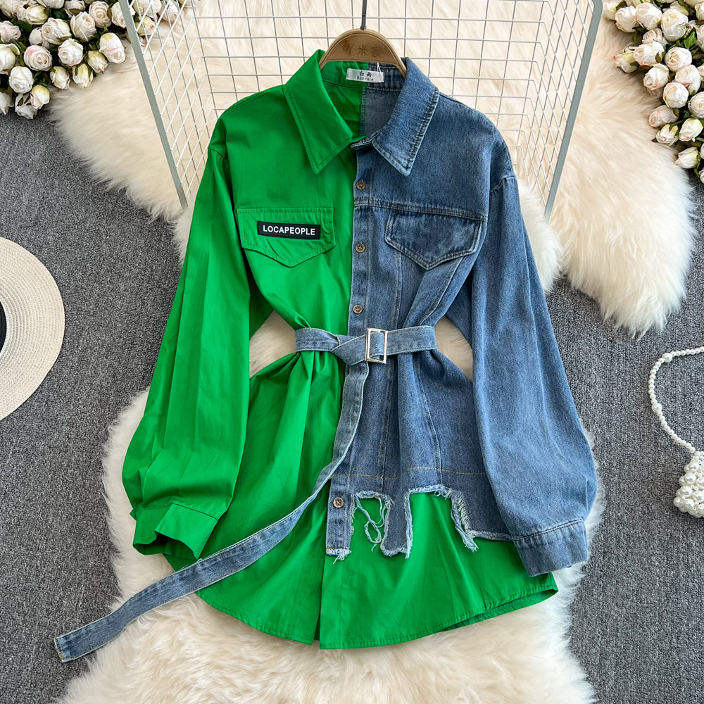Vintage Çeşitli Renkli Denim Gömlek Bel Lastiği ile