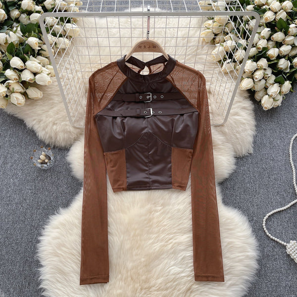 Ağı Mesh Patchwork PU Midriff Açık Üst