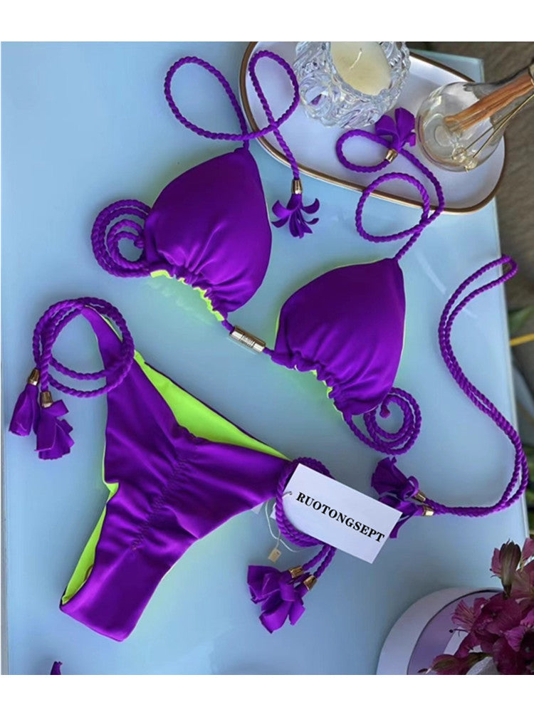 Renkli Sırt Açık Örgü İp Bikini