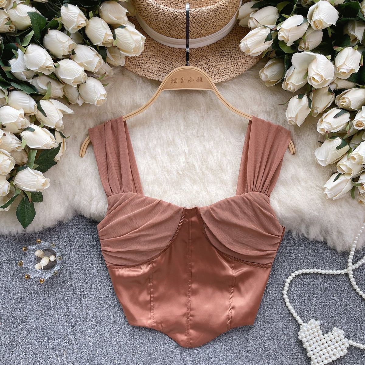 Mesh Patchwork Saten Dolgulu Askılı Bluz