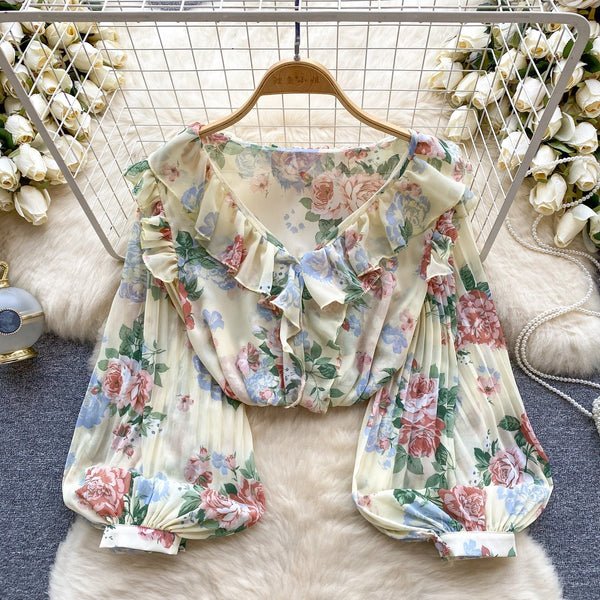Tatlı Ruffled Şifon Çiçekli Bluz