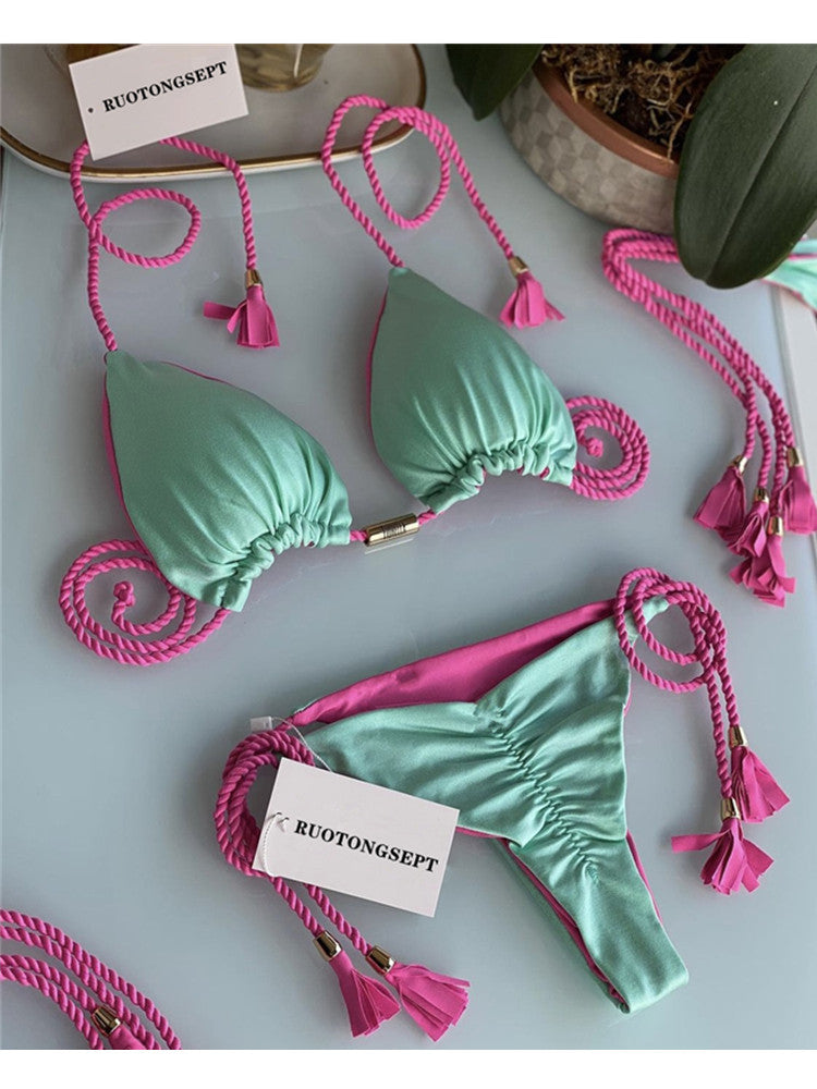 Renkli Sırt Açık Örgü İp Bikini