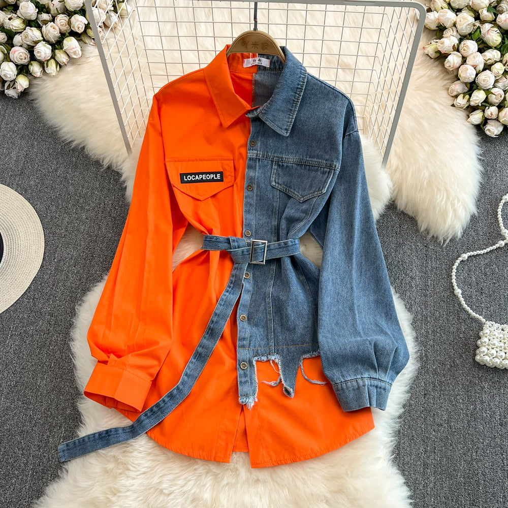 Vintage Çeşitli Renkli Denim Gömlek Bel Lastiği ile