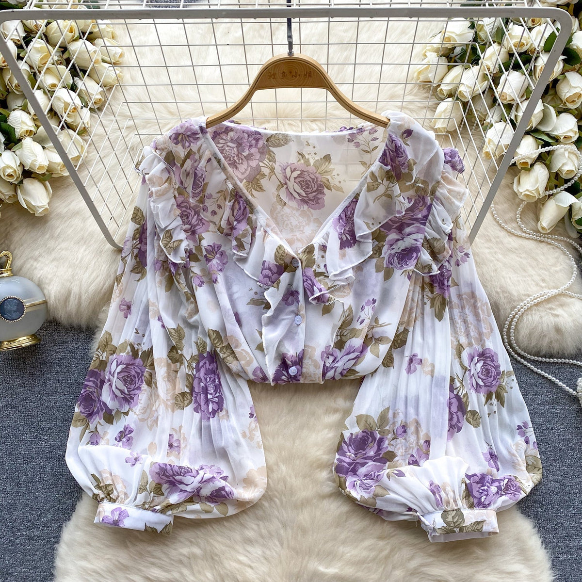 Tatlı Ruffled Şifon Çiçekli Bluz