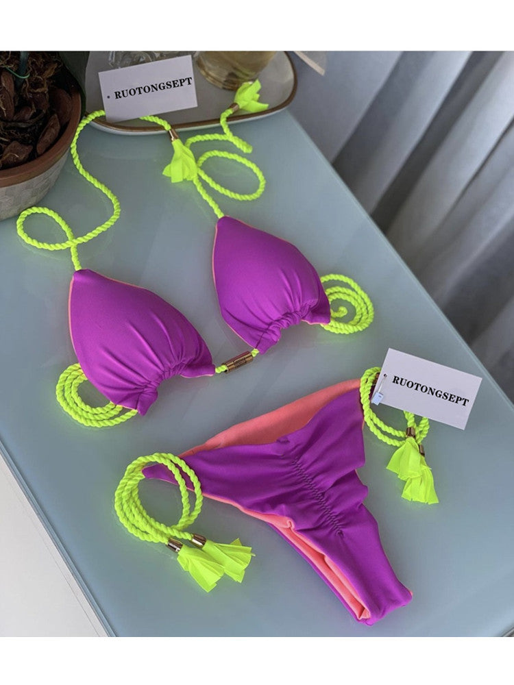 Renkli Sırt Açık Örgü İp Bikini