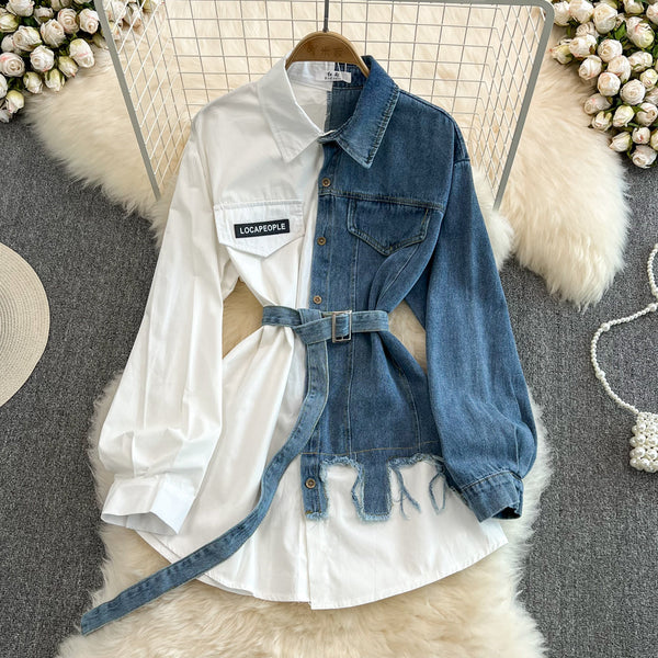 Vintage Çeşitli Renkli Denim Gömlek Bel Lastiği ile