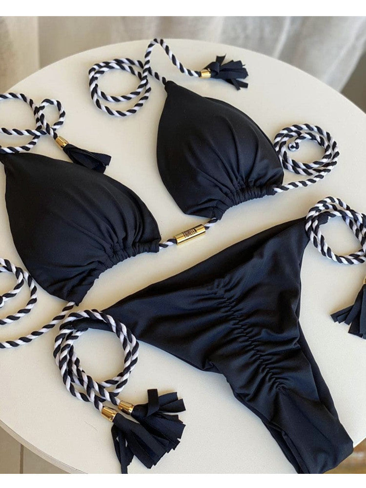 Renkli Sırt Açık Örgü İp Bikini