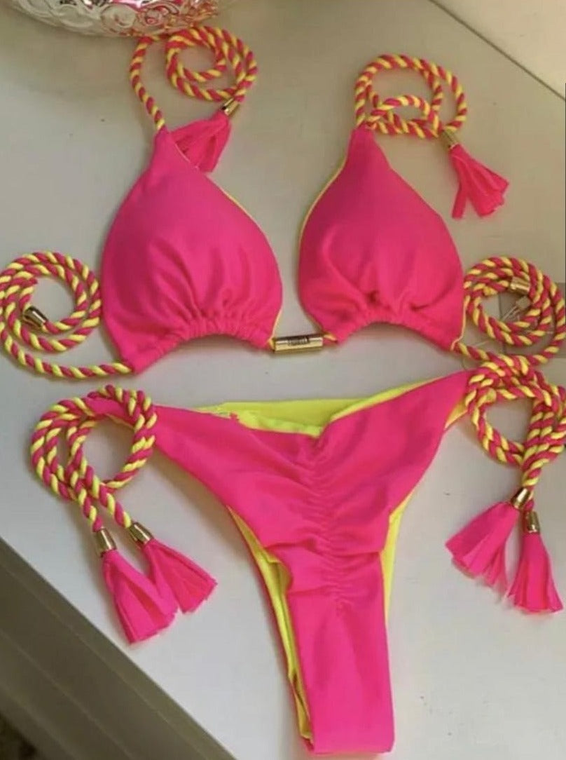 Renkli Sırt Açık Örgü İp Bikini