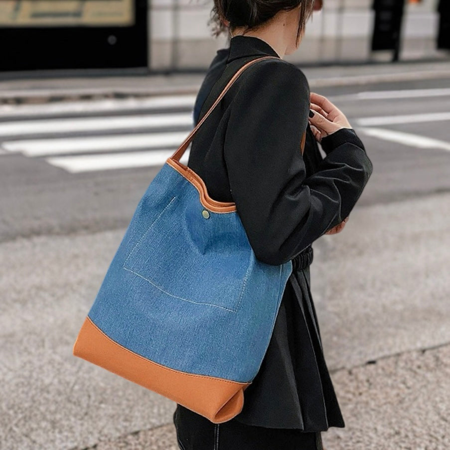 Denim Patchwork Görünümlü Bucket Çanta